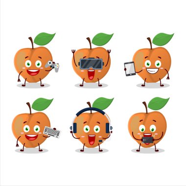 Şeftali rengi çizgi film karakteri çeşitli şirin ifadelerle oyunlar oynuyor. Vektör illüstrasyonu