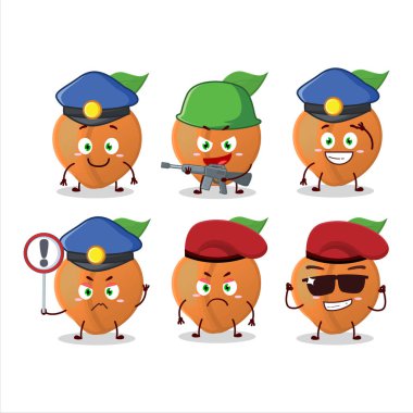 Şeftali maskotu tasarım tarzında kendini işine adamış bir polis memuru. Vektör illüstrasyonu