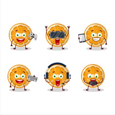 Mandalina çizgi film karakteri çeşitli şirin ifadelerle oyunlar oynuyor. Vektör illüstrasyonu