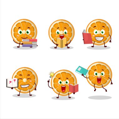 Bir dilim mandalina çizgi film karakteri konsepti komik bir kitap okuyor. Vektör illüstrasyonu