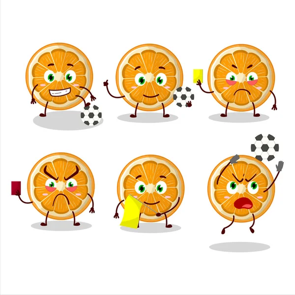 Slice Tangerine Cartoon Character Working Football Referee Vector Illustration — Vetor de Stock