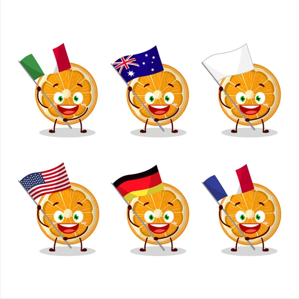Slice Tangerine Cartoon Character Bring Flags Various Countries Vector Illustration — Stock vektor