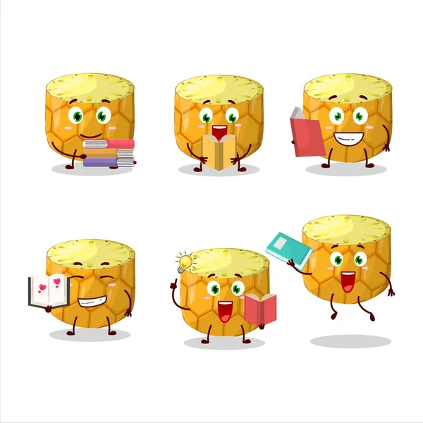 Una Imagen Rebanada Piña Dibujos Animados Concepto Personaje Lectura Libro — Vector de stock