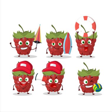 Mutlu Yüz ahududu çizgi film karakteri sahilde oynuyor. Vektör illüstrasyonu