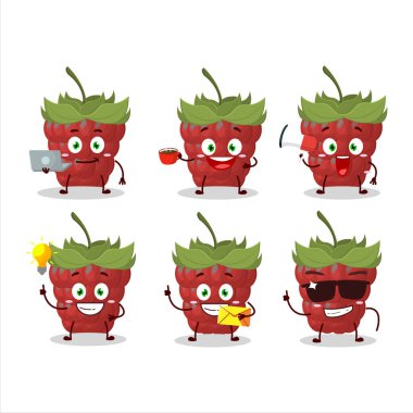 Çeşitli iş simgeleriyle ahududu çizgi film karakteri. Vektör illüstrasyonu