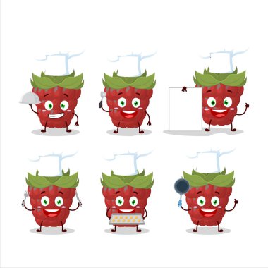 Çeşitli şef ifadeleriyle ahududu çizgi film karakteri. Vektör illüstrasyonu