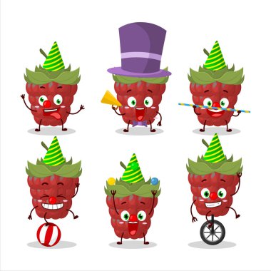 Çeşitli sirk şovları olan ahududu çizgi film karakteri. Vektör illüstrasyonu