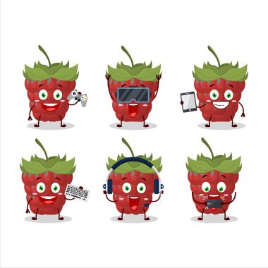 Ahududu çizgi film karakteri çeşitli şirin ifadelerle oyunlar oynuyor. Vektör illüstrasyonu