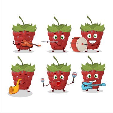 Bazı müzik enstrümanları çalan ahududu çizgi film karakteri. Vektör illüstrasyonu