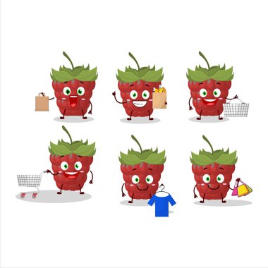 Zengin bir ahududu maskotu tasarımı alışverişe gidiyor. Vektör illüstrasyonu