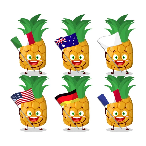 Ananasový Kreslený Postava Přinést Vlajky Různých Zemí Vektorová Ilustrace — Stockový vektor