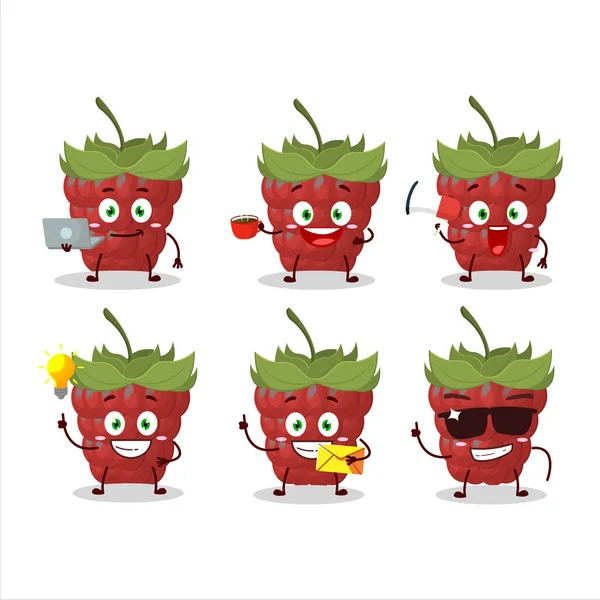 Çeşitli iş simgeleriyle ahududu çizgi film karakteri. Vektör illüstrasyonu