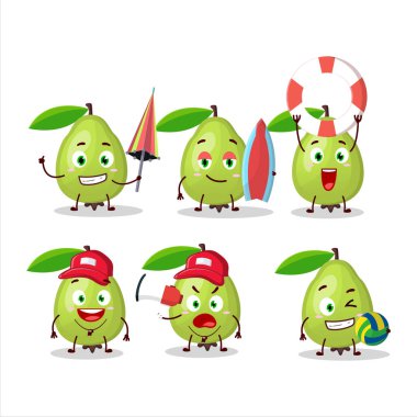 Happy Face guava çizgi film karakteri sahilde oynuyor. Vektör illüstrasyonu