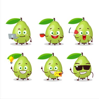 Çeşitli iş simgelerine sahip Guava çizgi film karakteri. Vektör illüstrasyonu