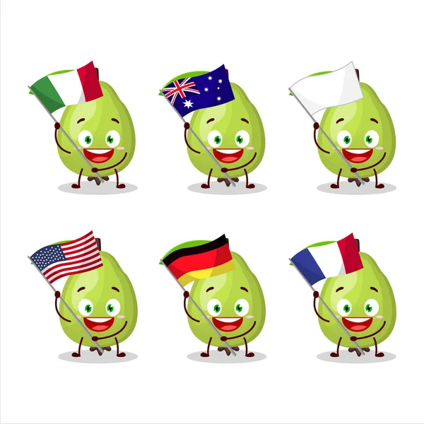 Guava Stripfiguur Brengen Vlaggen Van Verschillende Landen Vectorillustratie — Stockvector