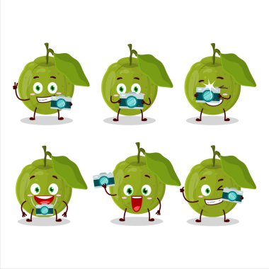 Guava meyveli çizgi film karakteri ile fotoğrafçılık mesleği simgesi. Vektör illüstrasyonu