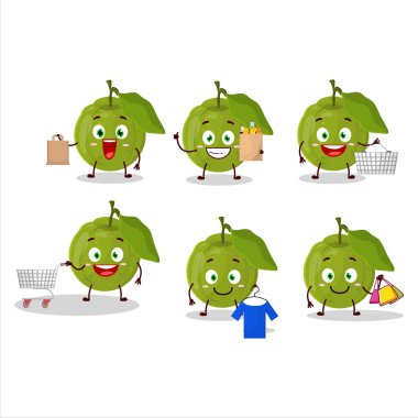 Zengin guava meyve maskotu tasarımı alışverişe gidiyor. Vektör illüstrasyonu