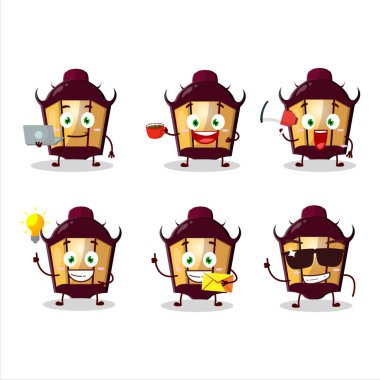 Çeşitli iş simgeleriyle cadılar bayramı lambası çizgi film karakteri. Vektör illüstrasyonu