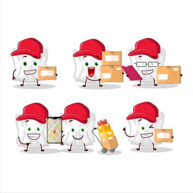 Kurye olarak çalışan hayalet beyazın çizgi film karakteri tasarımı. Vektör illüstrasyonu