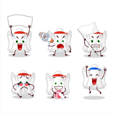 Çekici bir destekçi olarak hayalet beyaz karakterin maskot tasarımı. Vektör illüstrasyonu