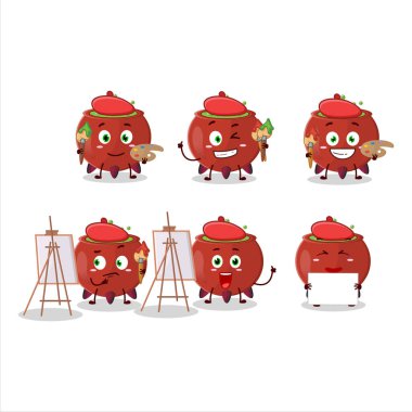 Cadı kasesi kazanı karikatür karikatürü sanatçısı fırçayla resim yapıyor. Vektör illüstrasyonu