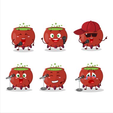 Cadı kasesi kazanının ünlü bir şarkı söylediği şirin bir çizgi film tasarımı. Vektör illüstrasyonu