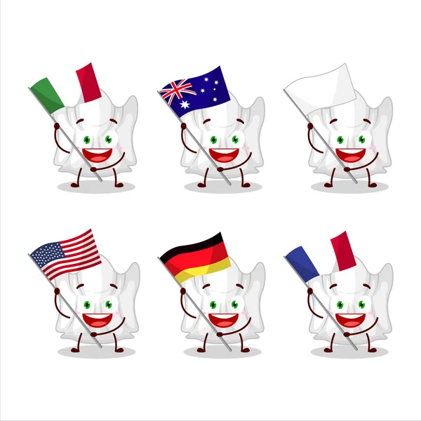 Geisterhafte Weiße Cartoonfiguren Bringen Die Flaggen Verschiedener Länder Mit Vektorillustration — Stockvektor