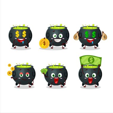 Cadı kazanı çizgi film karakteri, şirin ifadeli para getiriyor. Vektör illüstrasyonu