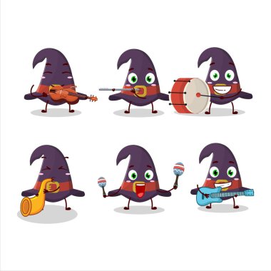 Cadı şapkasının çizgi film karakteri müzik enstrümanları çalıyor. Vektör illüstrasyonu