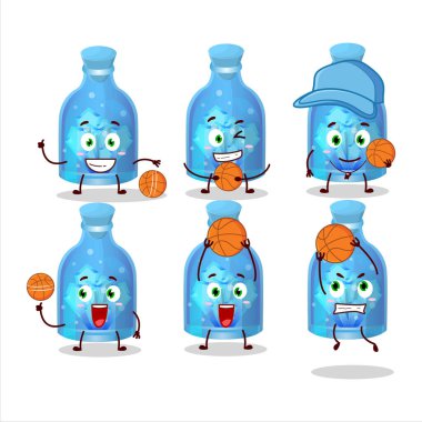 Yetenekli sihirli iksir mavi şişe çizgi film karakteri basketbol atleti olarak. Vektör illüstrasyonu