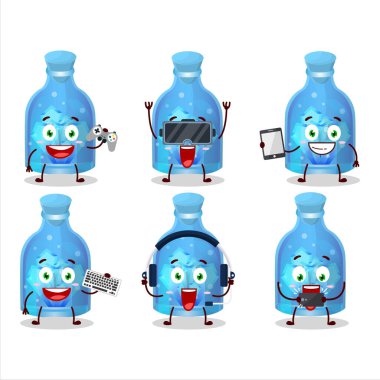 Sihirli iksir mavi şişe çizgi film karakteri çeşitli şirin ifadelerle oyunlar oynuyor. Vektör illüstrasyonu