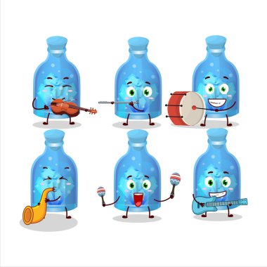 Sihirli iksir şişesinin çizgi film karakteri müzik enstrümanları çalıyor. Vektör illüstrasyonu