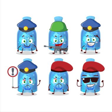Kendini iksir mavi şişe maskotu tasarımına adamış bir polis memuru. Vektör illüstrasyonu