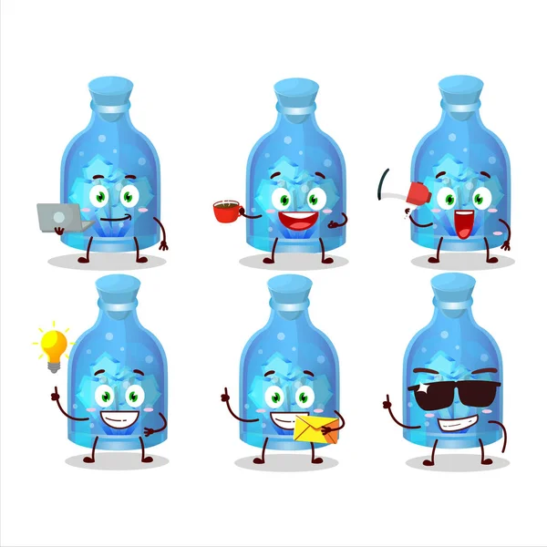 Zaubertrank Blaue Flasche Zeichentrickfigur Mit Verschiedenen Arten Von Business Emoticons — Stockvektor