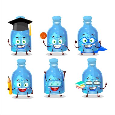 Sihirli iksir mavi şişe çizgi film karakteri öğrencisinin değişik ifadeleri var. Vektör illüstrasyonu