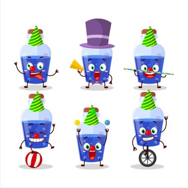 Çeşitli sirk gösterileri olan mavi sihirli iksirin çizgi film karakteri. Vektör illüstrasyonu