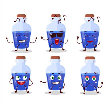 Mavi sihirli iksir dansçısı karikatür karakterinin müzikten hoşlandığı bir görüntü. Vektör illüstrasyonu