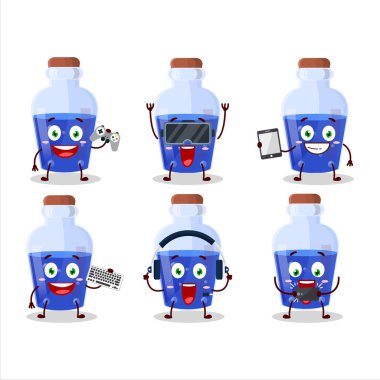 Mavi sihirli iksir çizgi film karakteri çeşitli şirin ifadelerle oyunlar oynuyor. Vektör illüstrasyonu