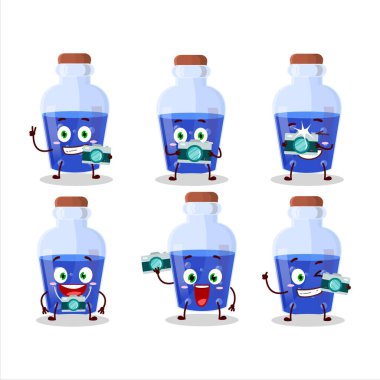 Mavi sihirli iksir çizgi film karakteri ile fotoğrafçılık mesleği simgesi. Vektör illüstrasyonu