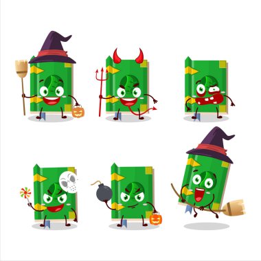 Cadılar Bayramı ifade simgeleri. Dünya sihir kitabının çizgi film karakteri. Vektör illüstrasyonu