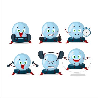 Sağlıklı bir kristal küre çizgi film stili Fitness merkezinde bazı aletler deniyor. Vektör illüstrasyonu