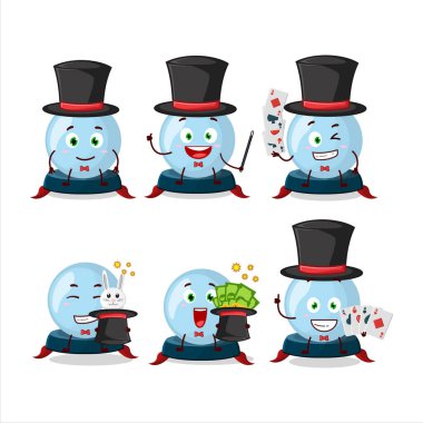 Kristal küre sihirbaz çizgi film karakteri sahnede performans sergiliyor. Vektör illüstrasyonu