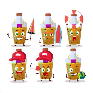 Happy Face turuncu sihirli iksir çizgi film karakteri sahilde oynuyor. Vektör illüstrasyonu