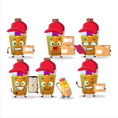 Kurye olarak çalışan turuncu sihirli iksirin çizgi film karakteri tasarımı. Vektör illüstrasyonu