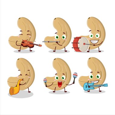 Müzik enstrümanları çalan kaju fıstığı çizgi film karakteri. Vektör illüstrasyonu