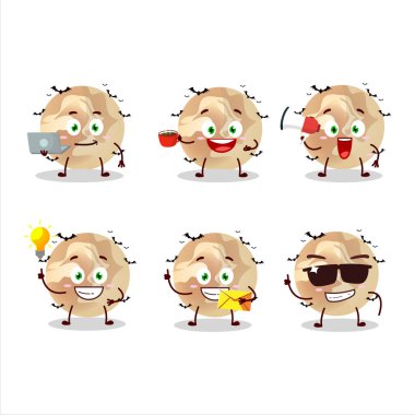 Çeşitli iş simgeleriyle cadılar bayramı ay çizgi filmi karakteri. Vektör illüstrasyonu