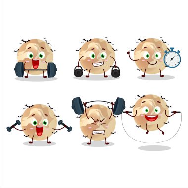 Sağlıklı bir cadılar bayramı çizgi filmi stili Fitness Merkezi 'nde bazı aletler deniyor. Vektör illüstrasyonu