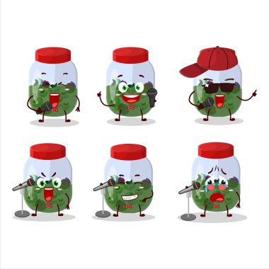 Kavanozdaki gözün ünlü bir şarkı söylemesi gibi şirin bir çizgi film tasarımı. Vektör illüstrasyonu