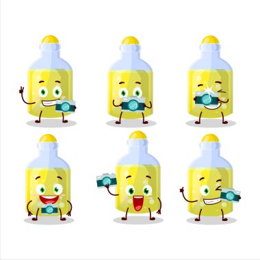 Sarı sihirli iksir çizgi film karakteri ile fotoğrafçılık mesleği simgesi. Vektör illüstrasyonu