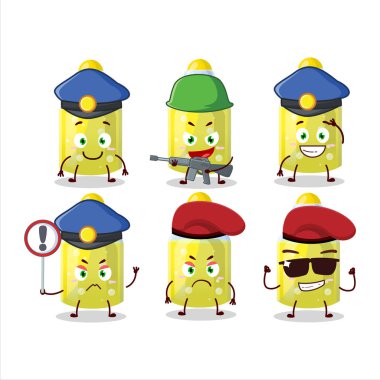 Sarı sihirli iksir maskotu tasarımı yapan kendini işine adamış bir polis memuru. Vektör illüstrasyonu